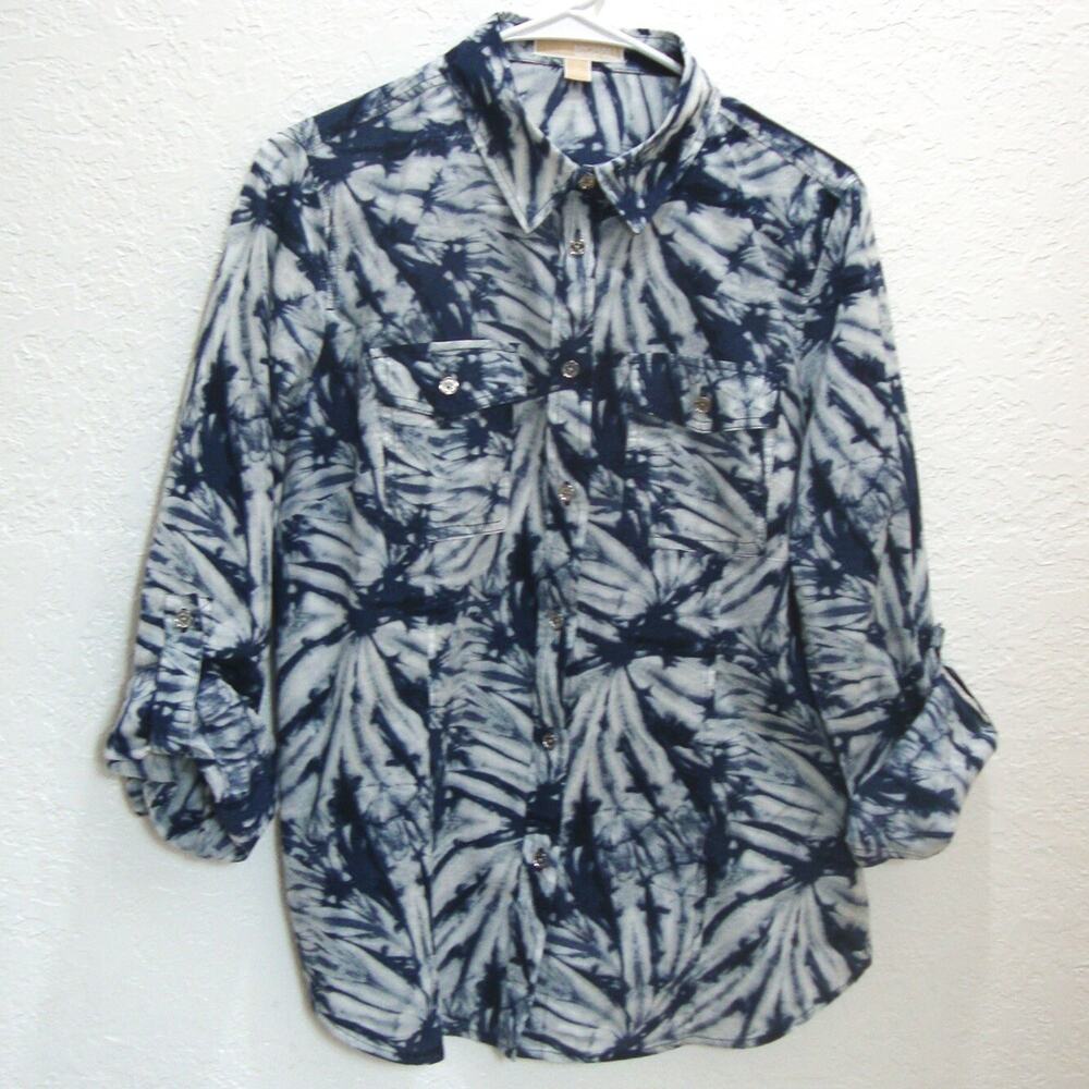 MICHAEL KORS Tie Dye Blouse Top SZ L Convertible Sleeves Blue White BOHO